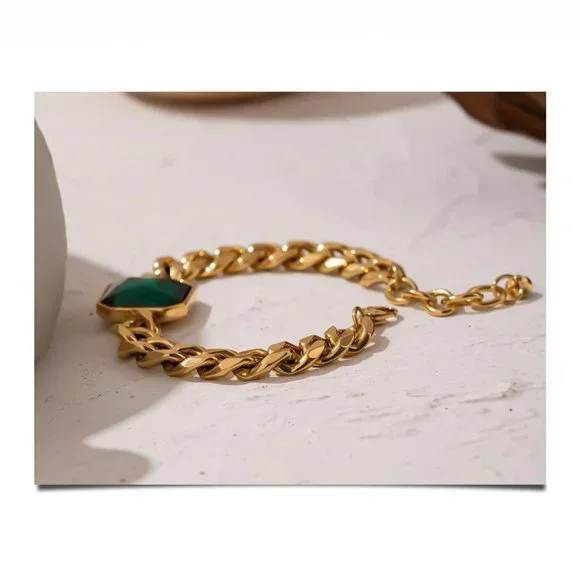 Cuban Chain Chunky Bracelet Emerald Color Stone - Picture 3 of 5